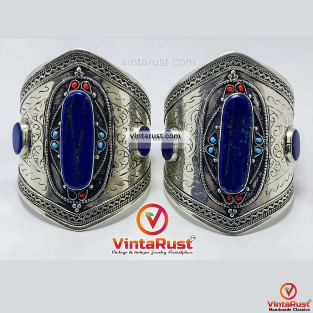 Single Kuchi Lapis Lazuli Cuff Bracelet: Vintage Tribal Boho Jewelry - Picture 8 of 13